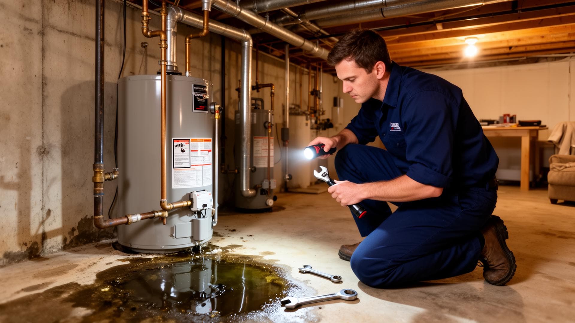 Technician working in residential basement near water heater and pipes