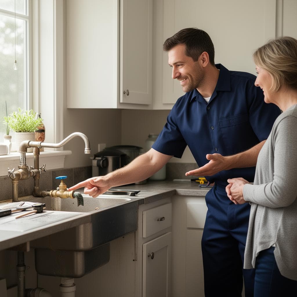 Licensed plumber explaining emergency repair to homeowner